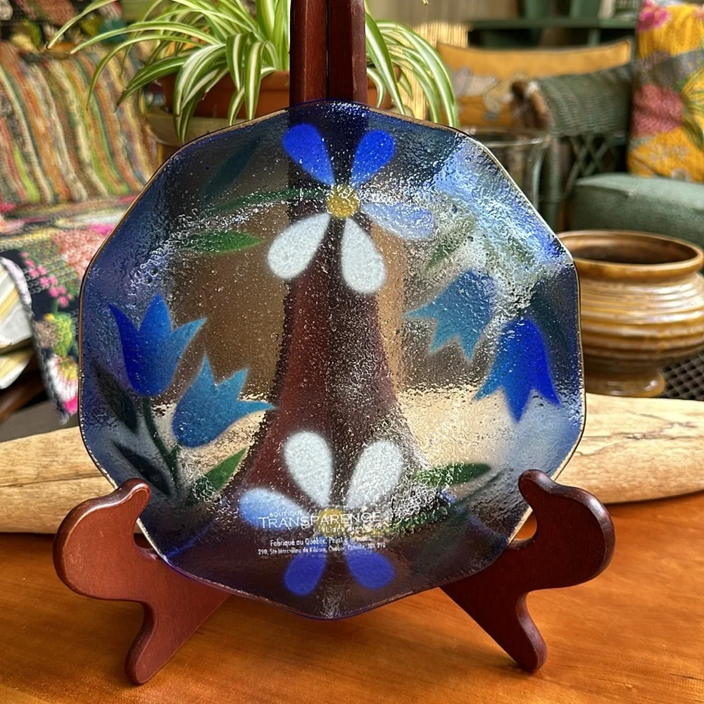 Transperence L’art du verre Quebec ruffled edge floral blue art glass plate. - Picture 3 of 5